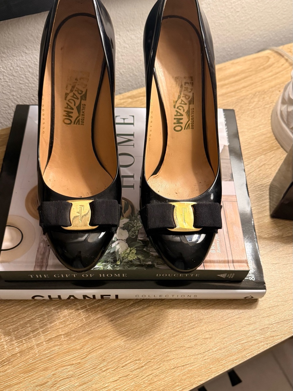 Salvatore Ferragamo Black Patent Vara Bow Heels with Gold Plaque